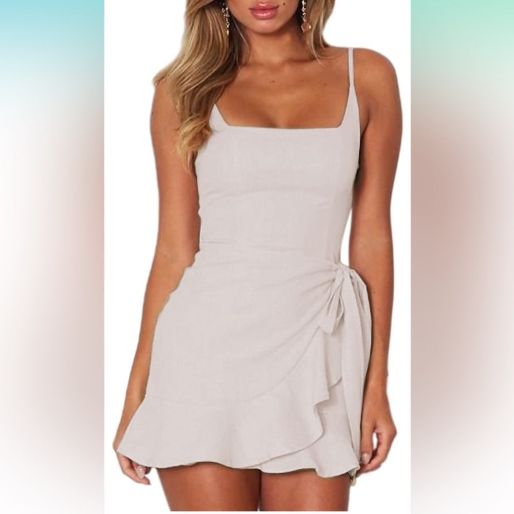 Spaghetti Strap Waist Tie Knot Wrap Front Ruffle Hem Short Dress